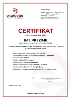 Certifikat o poznavanju rada na računaru – Exploode d.o.o.